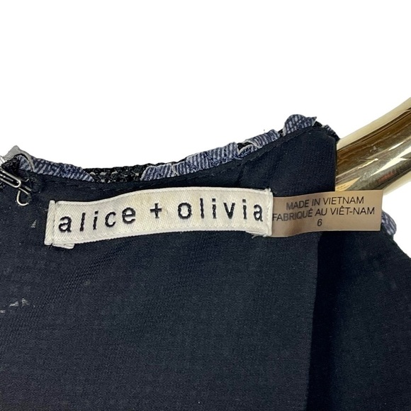 ALICE + OLIVIA FONDA SLEEVELESS DROP WAIST DENIM FLORAL APPLIQUE MINI DRESS - Picture 14 of 16